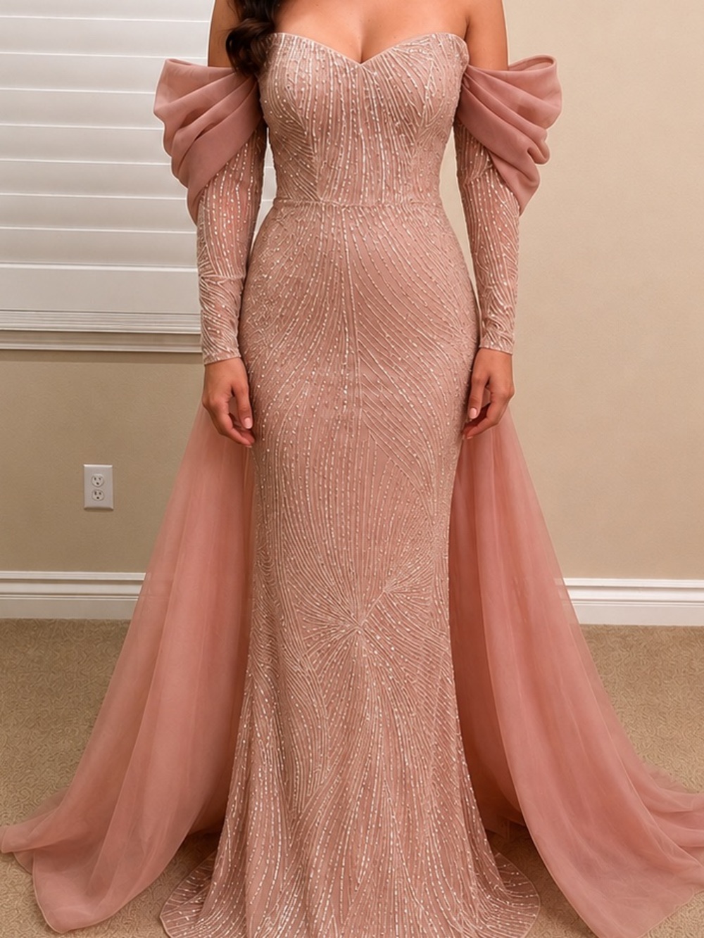 Strapless Blush Rose Evening Gown with Draped Sleeves